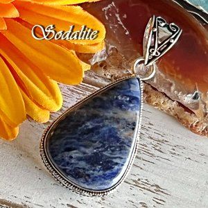 Sodalite Pendant Gemstone Crystal Handmade Teardrop 925 Silver Boho Ethnic New!